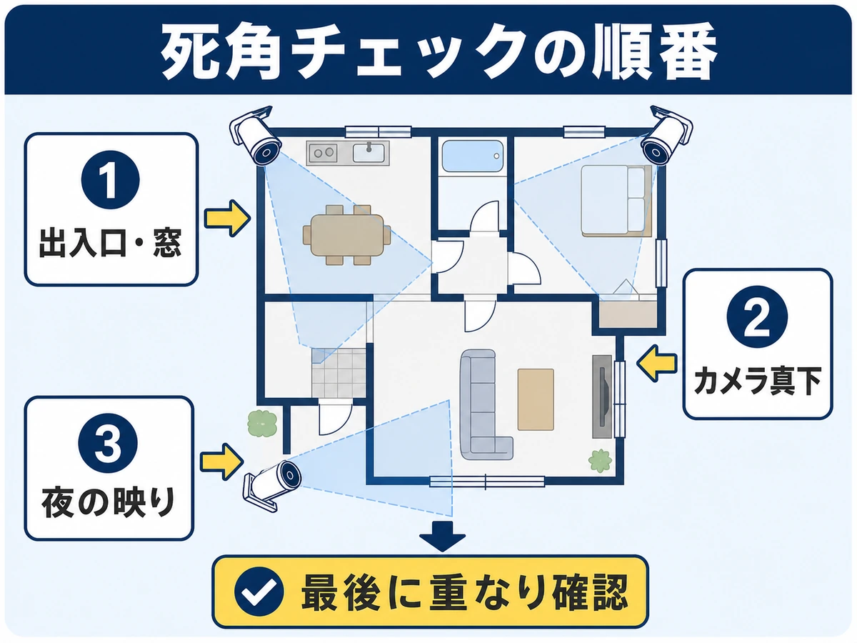 防犯カメラの死角を出入口・カメラ真下・夜間映像の順に確認する図