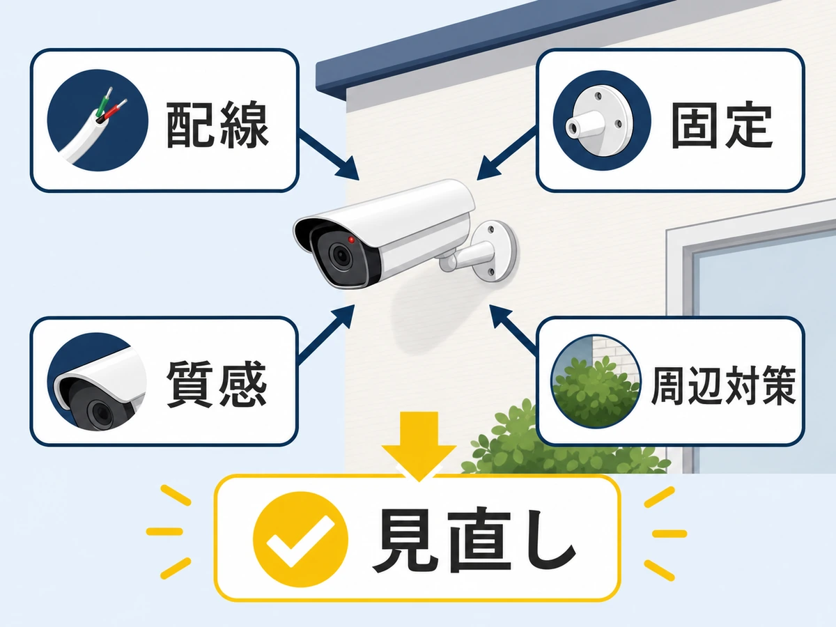 ダミーカメラが見破られやすい条件を配線、固定、質感、周辺対策で確認する図解