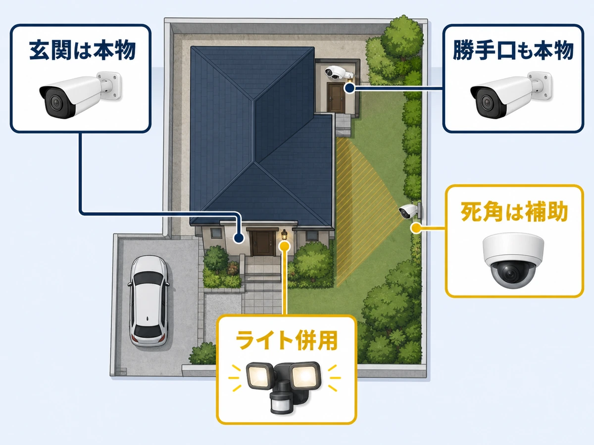玄関や勝手口は本物カメラ、死角はダミーカメラを補助にする配置判断の図解