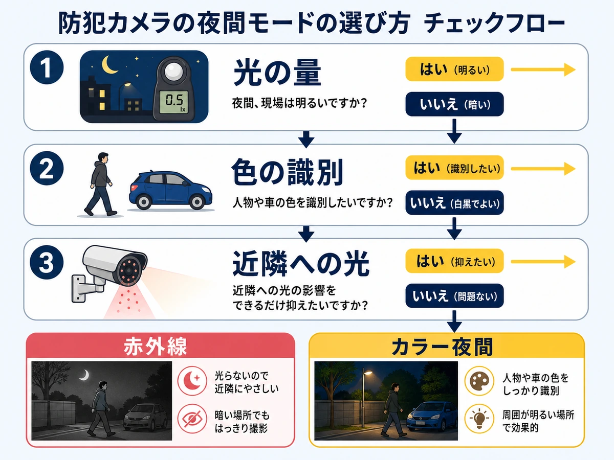 赤外線とカラー夜間を選ぶための光量と識別性の確認フロー