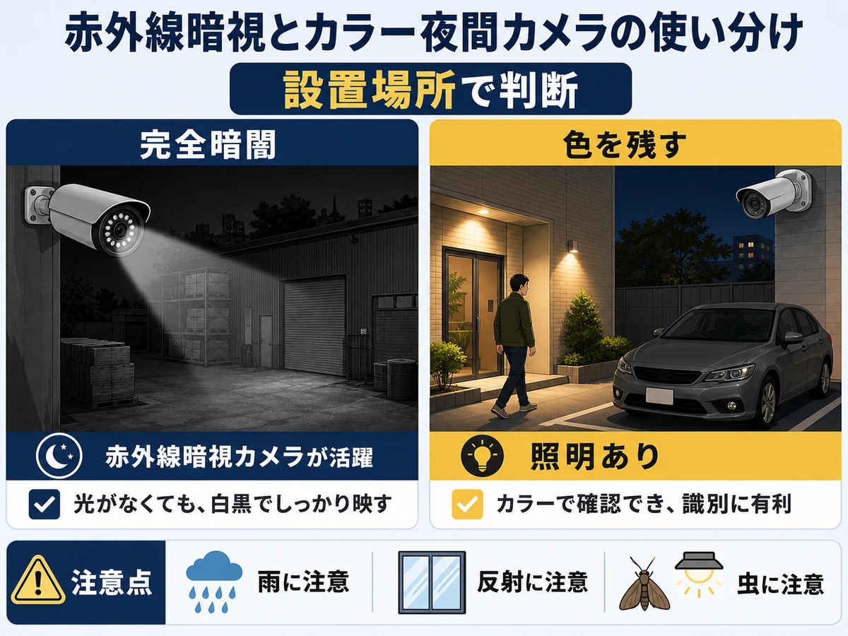 完全暗闇と照明ありの場所で赤外線とカラー夜間を使い分ける比較図