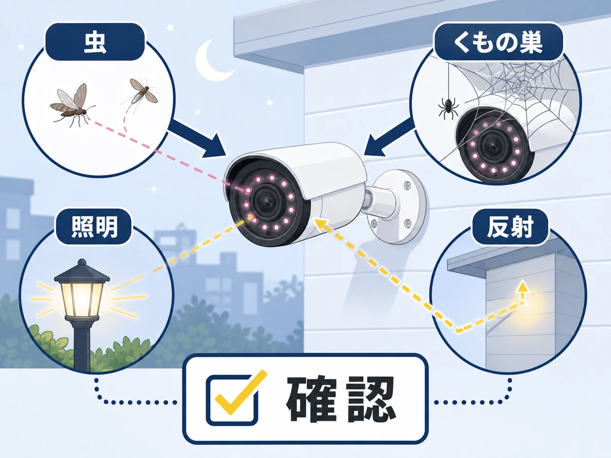防犯カメラの夜間虫映りを虫、くもの巣、照明、反射で確認する図解
