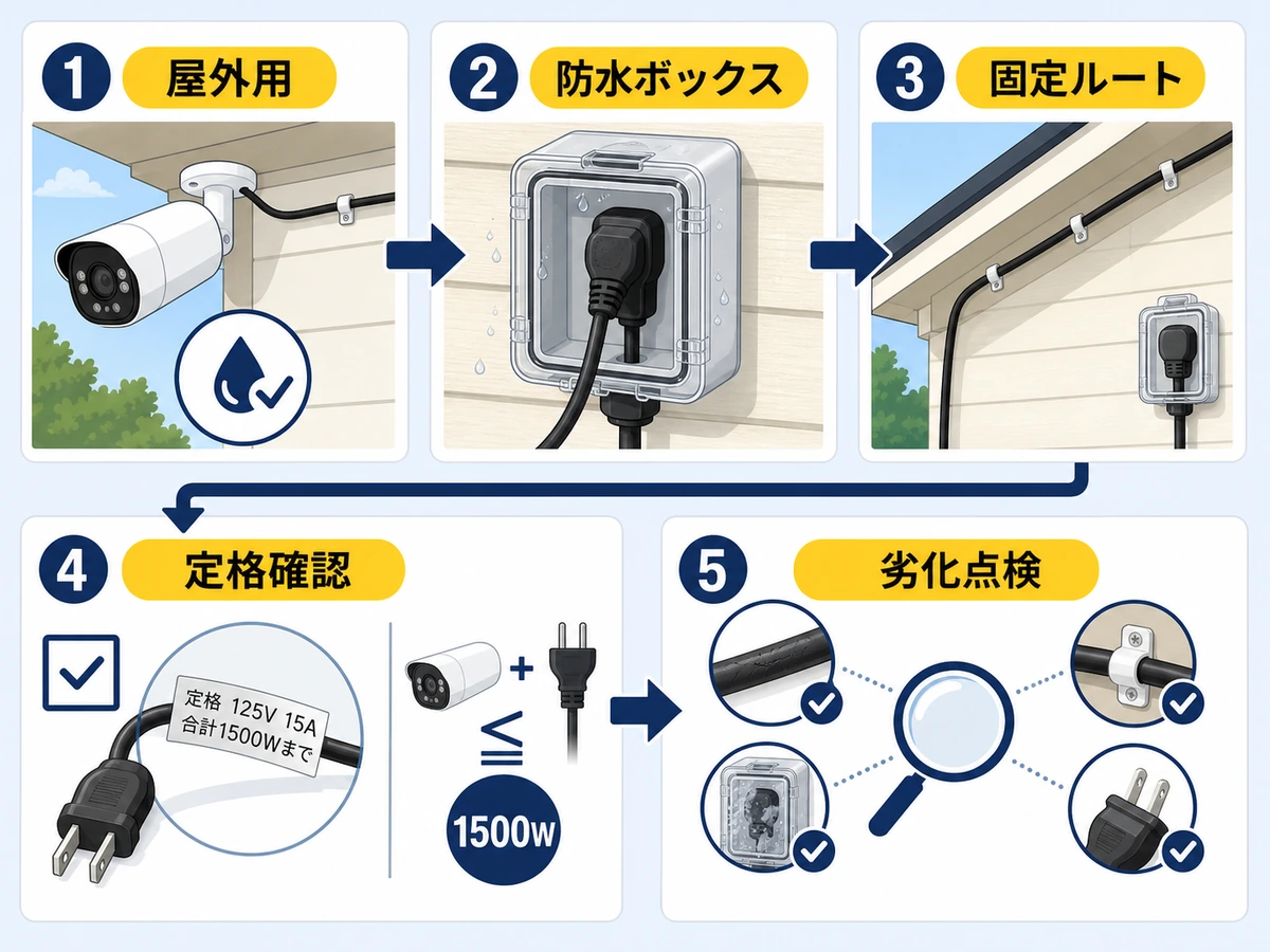 屋外防犯カメラの延長コード配線で確認する屋外用・防水ボックス・固定ルート・定格・劣化点検の図