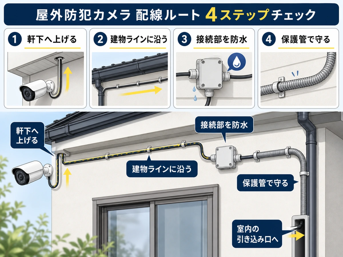 屋外カメラ配線を軒下から保護管まで確認する4ステップ図