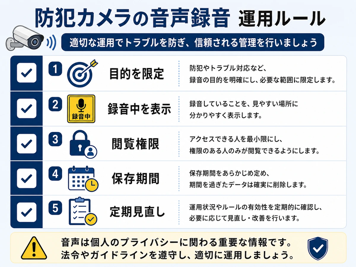 防犯カメラの音声録音で決めておく運用ルールのチェックリスト