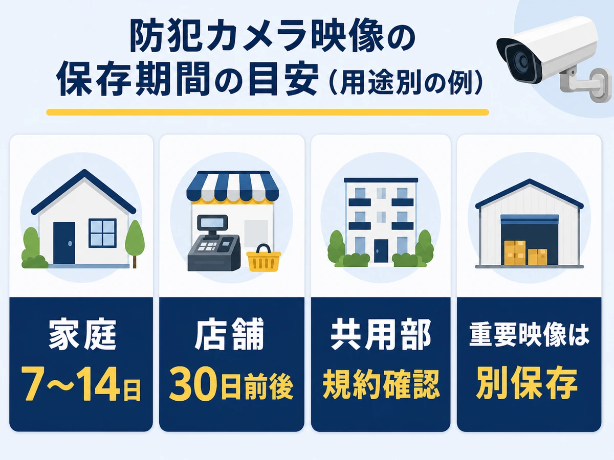 防犯カメラの保存期間を家庭・店舗・共用部・重要映像で比較する図
