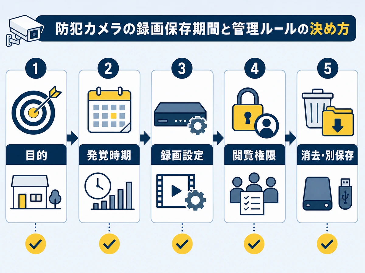 防犯カメラの保存期間を目的・発覚時期・録画設定・閲覧権限・消去別保存で決める流れ