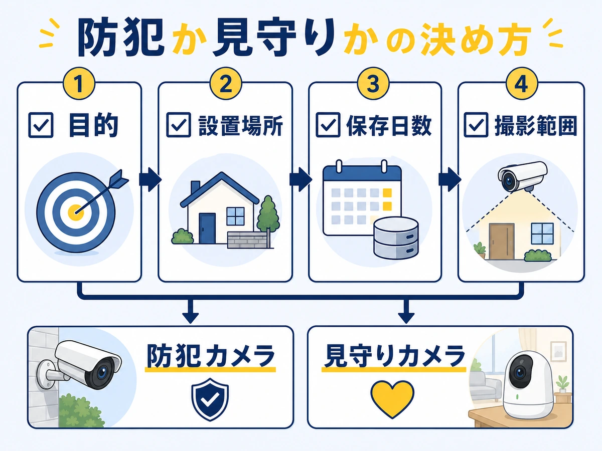 防犯カメラと見守りカメラを目的、設置場所、保存日数、撮影範囲で確認する図