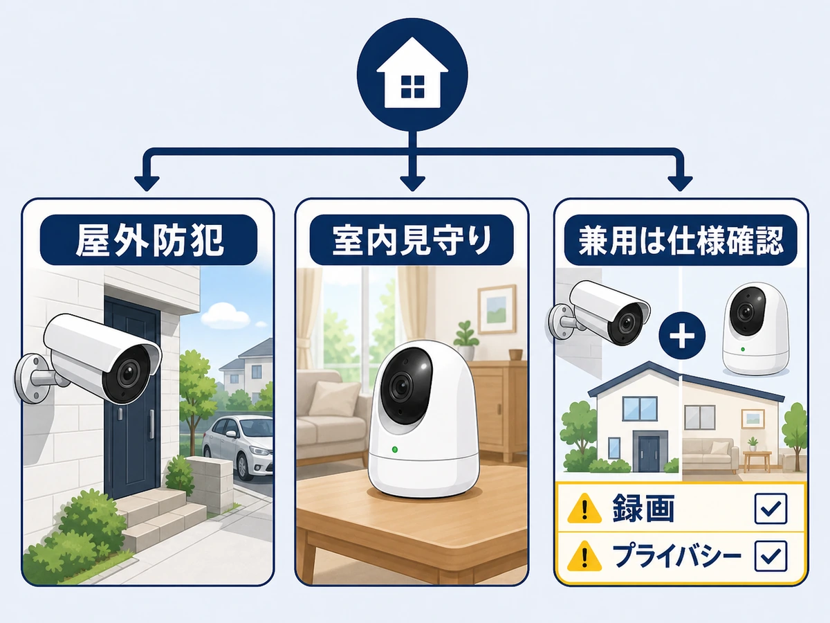 屋外防犯、室内見守り、兼用時の仕様確認を分ける図