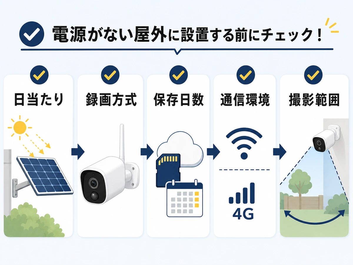 ソーラー防犯カメラ設置前に見る日当たり、録画方式、保存日数、通信環境、撮影範囲のチェックフロー