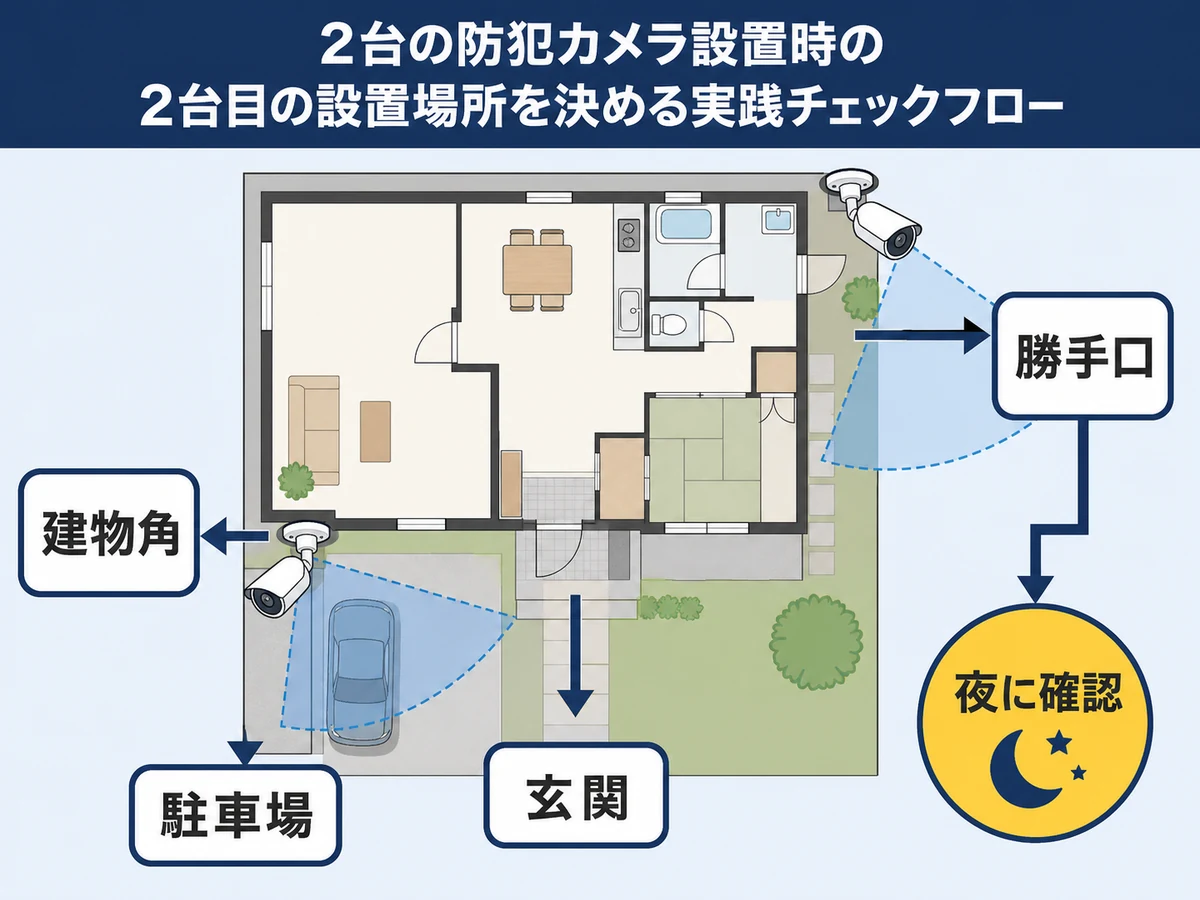 防犯カメラ2台目の設置場所を玄関から確認するチェックフロー