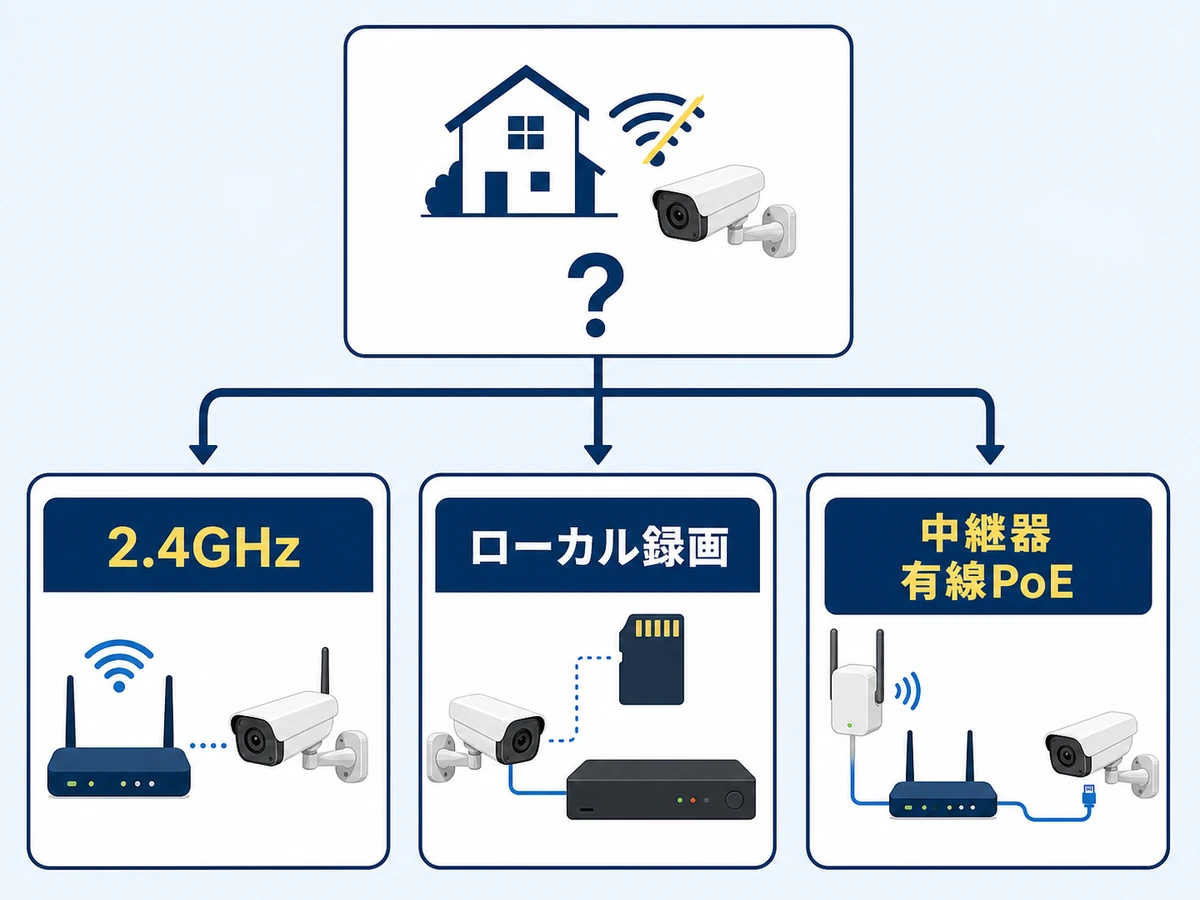 2.4GHz、ローカル録画、中継器、有線PoEの選び方を示す図解