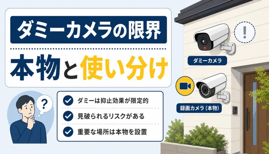 ダミーカメラの防犯効果と本物カメラの使い分けを示す図解
