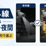 赤外線とカラー夜間の違いを示す防犯カメラ夜間撮影の比較画像
