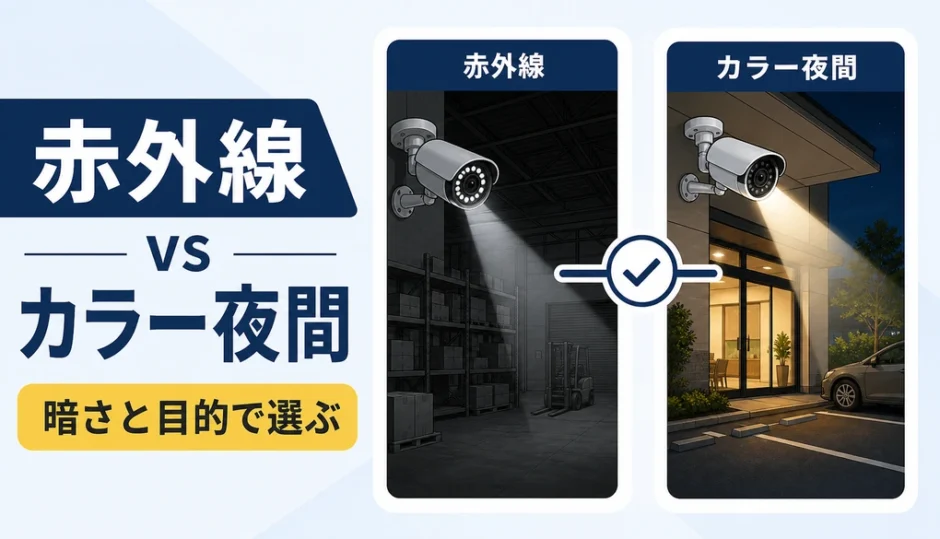 赤外線とカラー夜間の違いを示す防犯カメラ夜間撮影の比較画像