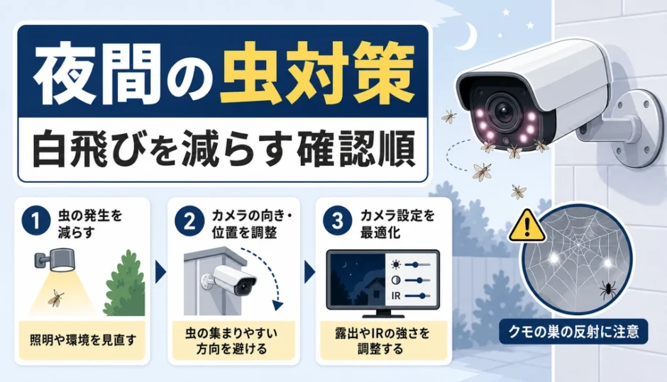 防犯カメラの夜間虫対策と白飛びを減らす確認順の図解