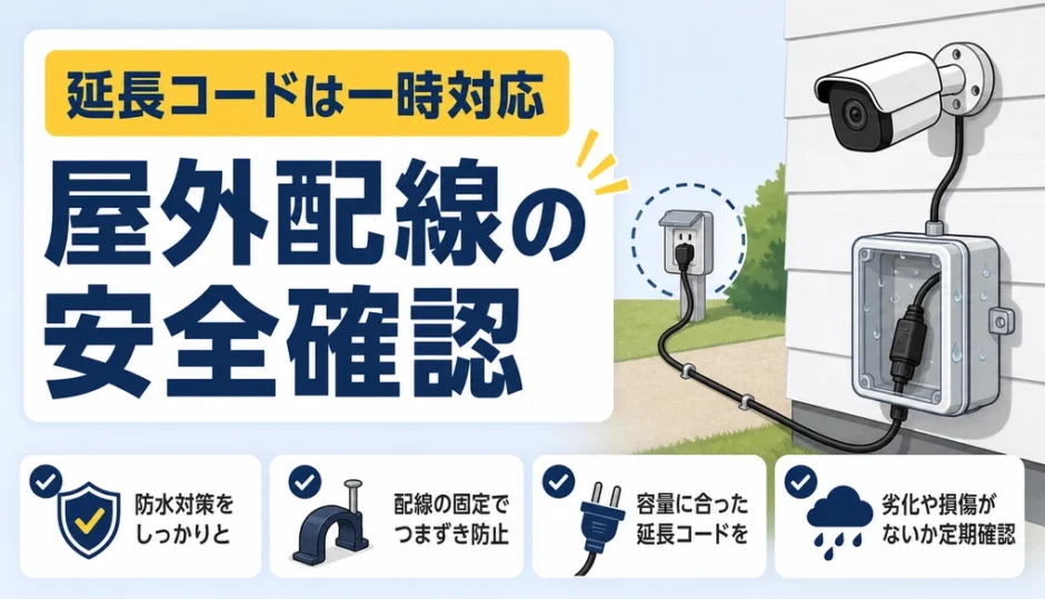 屋外防犯カメラの延長コードは危険？コンセントが遠い時の安全確認