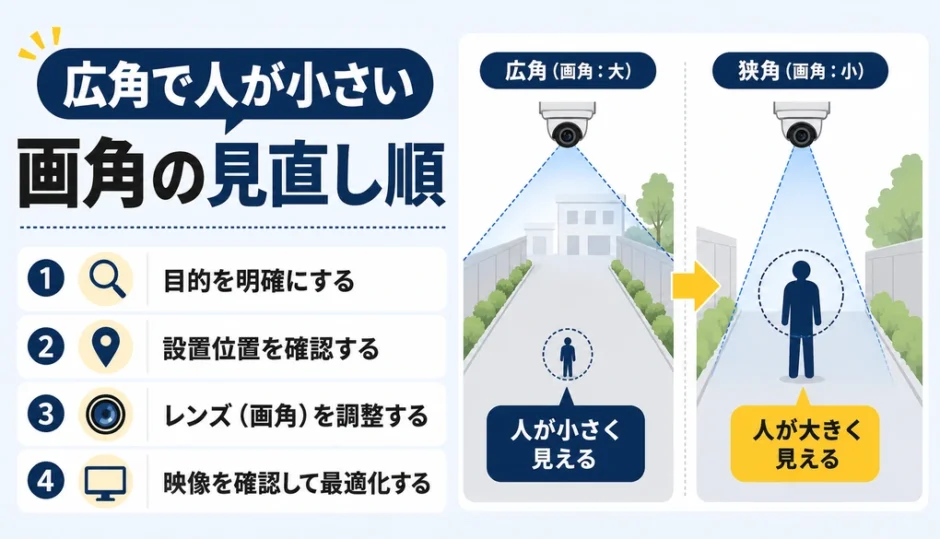 広角で人が小さく映る防犯カメラの画角見直し順