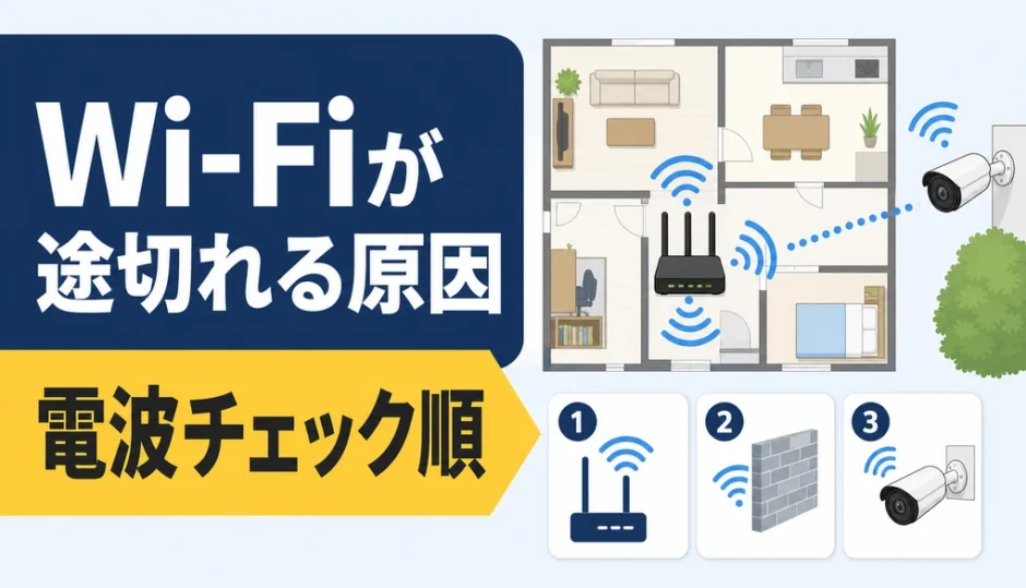 Wi-Fi防犯カメラが途切れる原因と電波チェック順を示す図解