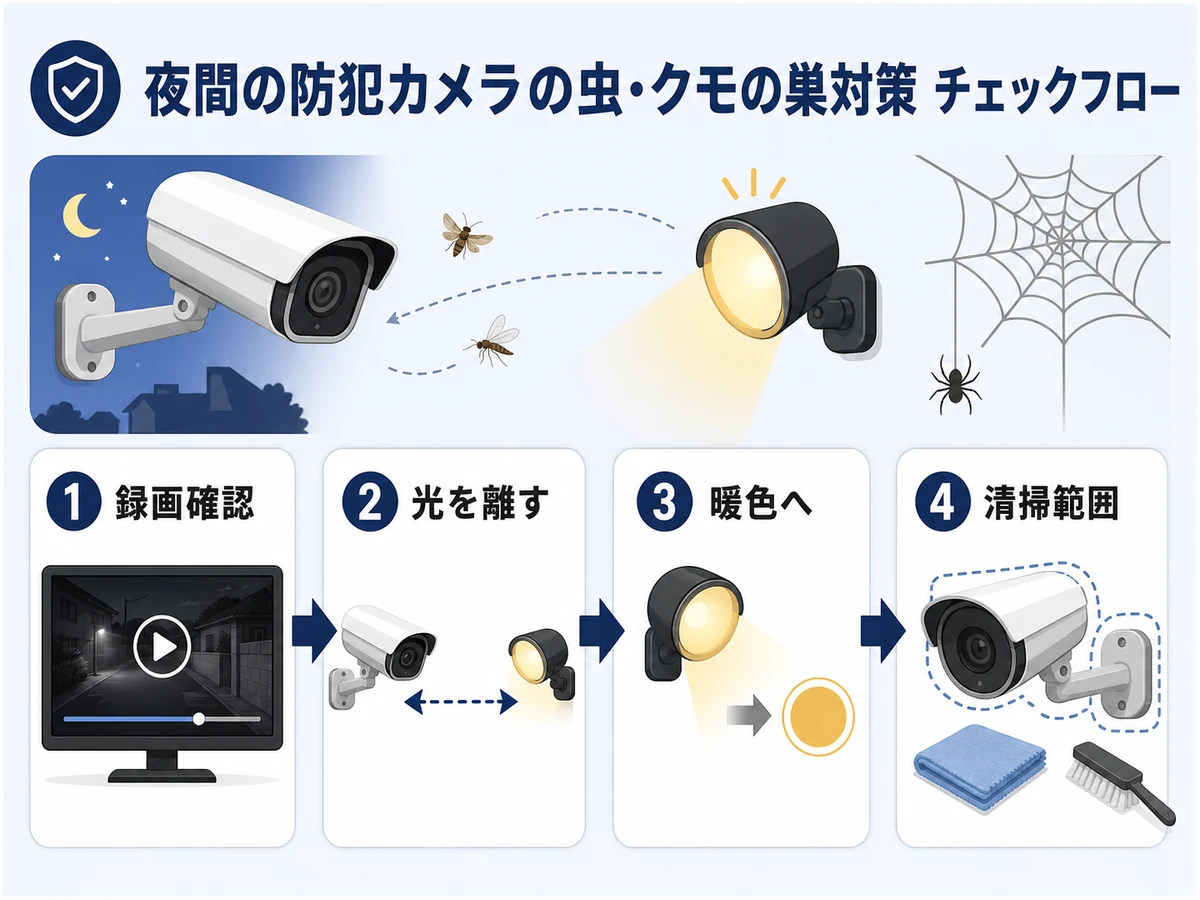 夜間の防犯カメラで虫やクモの巣を減らす確認フロー