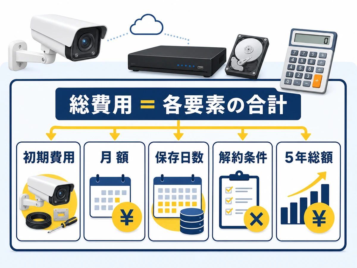防犯カメラの総費用を初期費用、月額、保存日数、解約条件、5年総額で確認する図