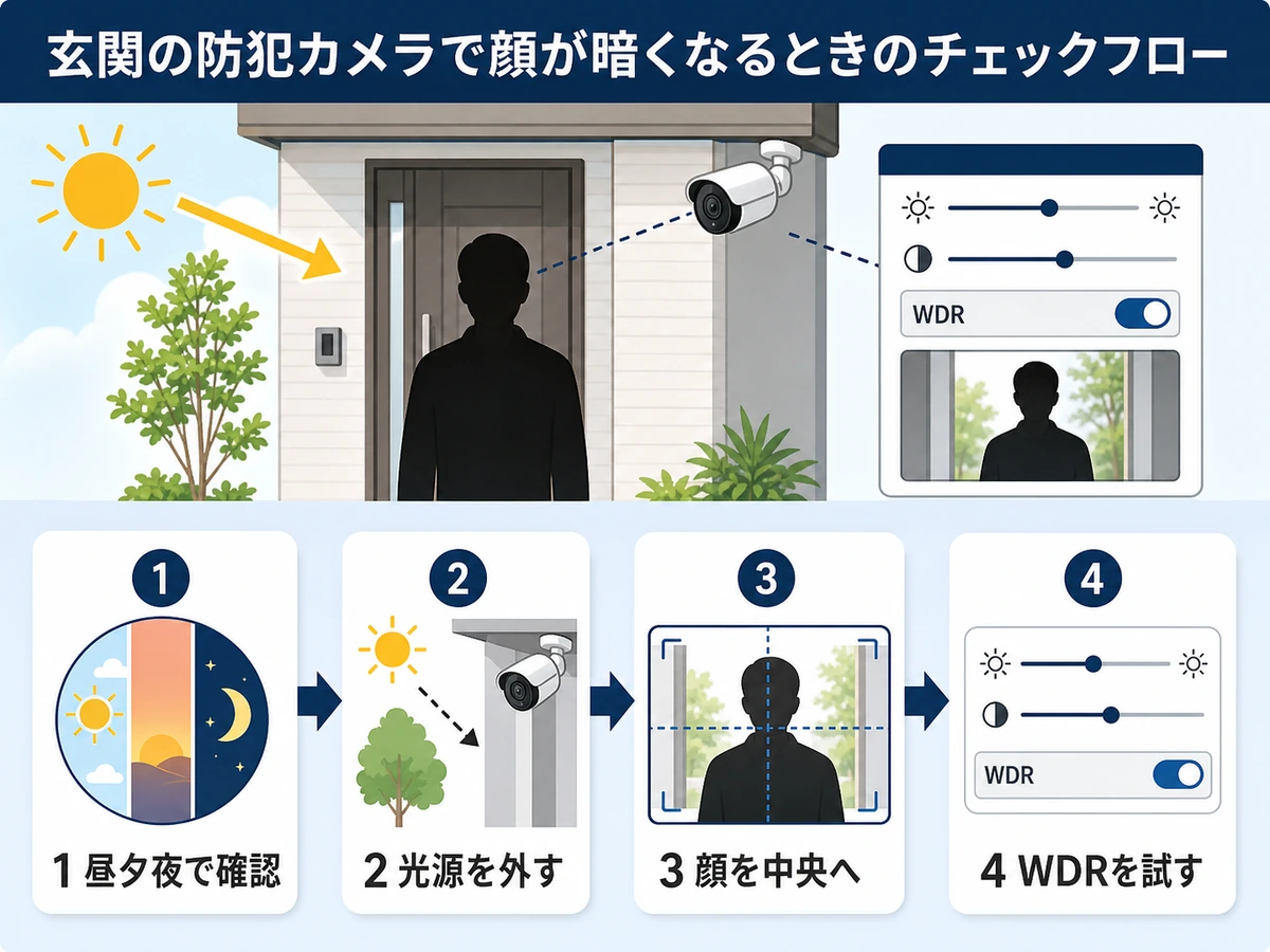 玄関の防犯カメラで顔が暗い時に確認する昼夕夜・光源・顔位置・WDRの流れ