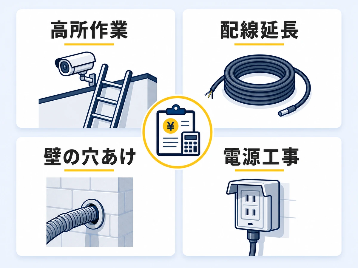 防犯カメラ設置で追加費用になりやすい高所作業・配線延長・壁の穴あけ・電源工事