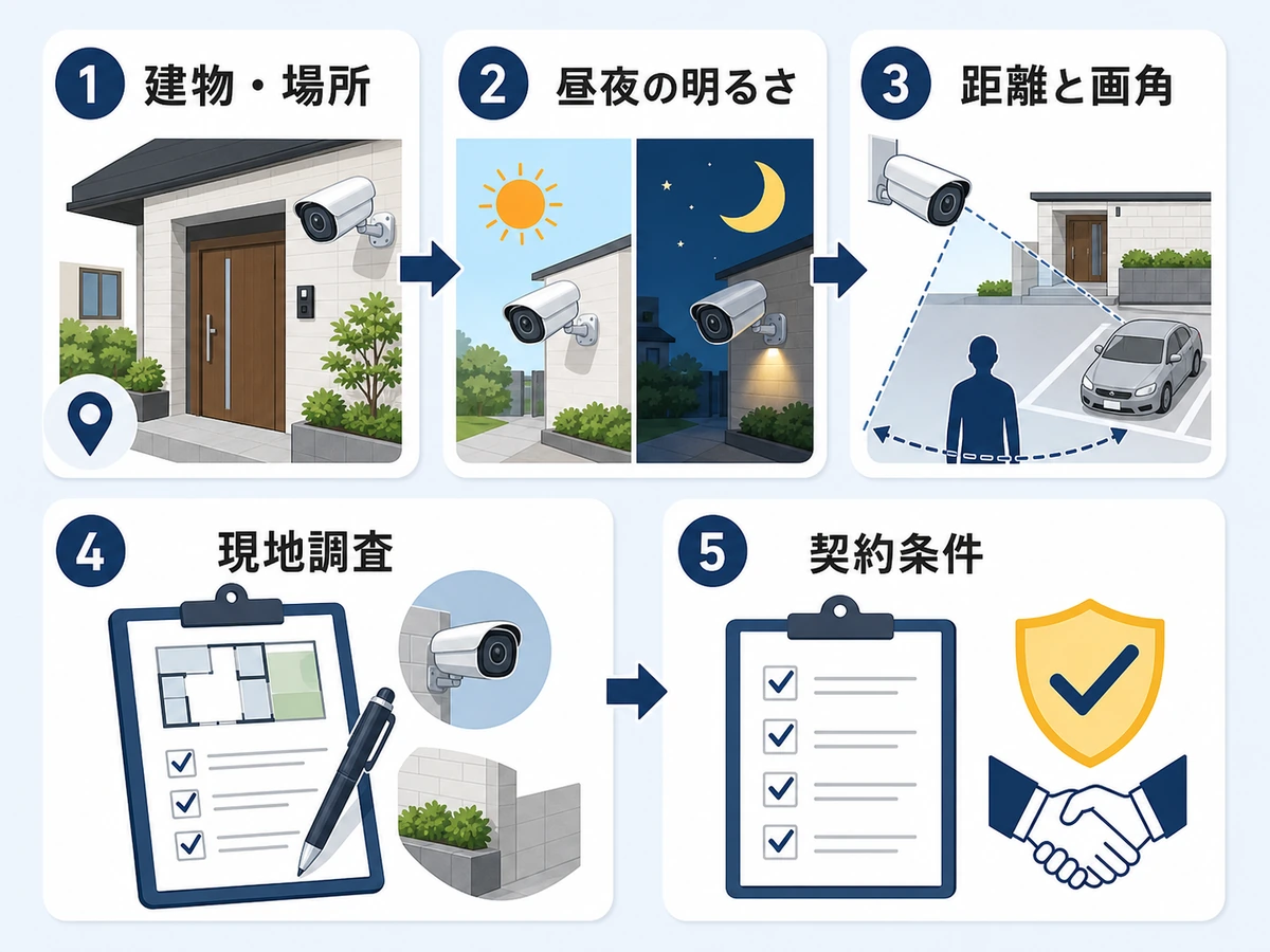 防犯カメラ業者の口コミを見る前に確認する建物・明るさ・距離・現地調査・契約条件の流れ