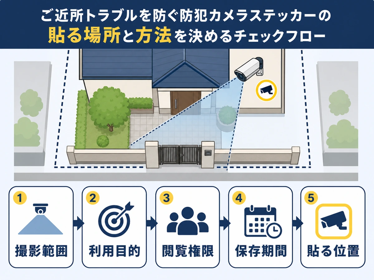 防犯カメラステッカーを貼る前に撮影範囲や保存期間を確認する流れ