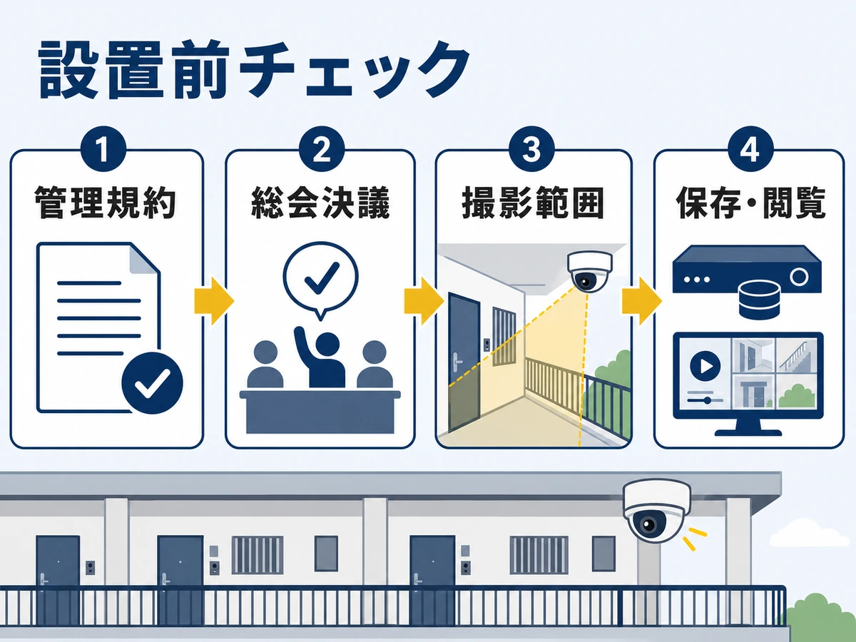 マンション防犯カメラの設置前に管理規約、総会決議、撮影範囲、保存閲覧を確認する流れ