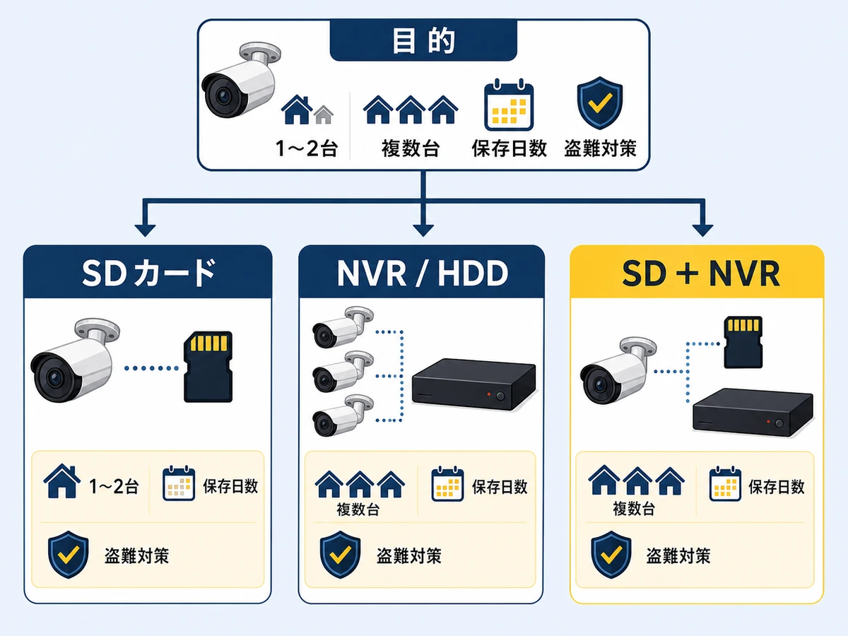 SDカード、NVR、SDとNVR併用の選び方を示す決定チャート