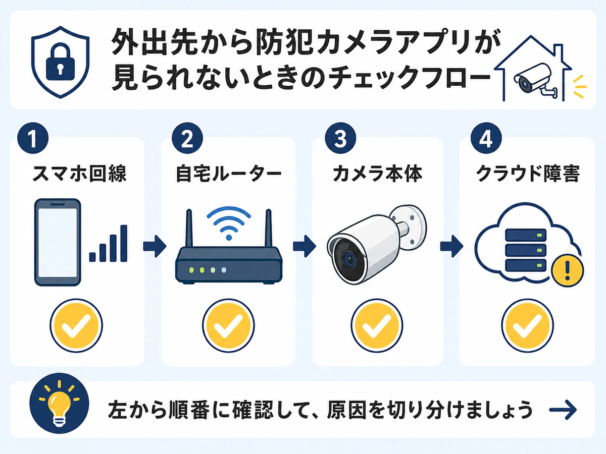 スマホ回線、自宅ルーター、カメラ本体、クラウド障害の確認順を示す図解