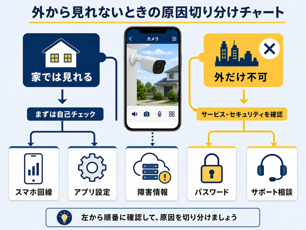 家では見れるのに外だけ不可の場合の原因切り分けを示す図解