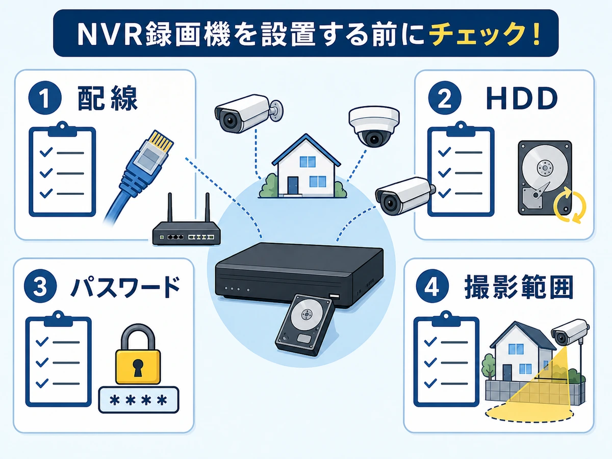 NVR設置前に配線・HDD・パスワード・撮影範囲を確認するチェック図