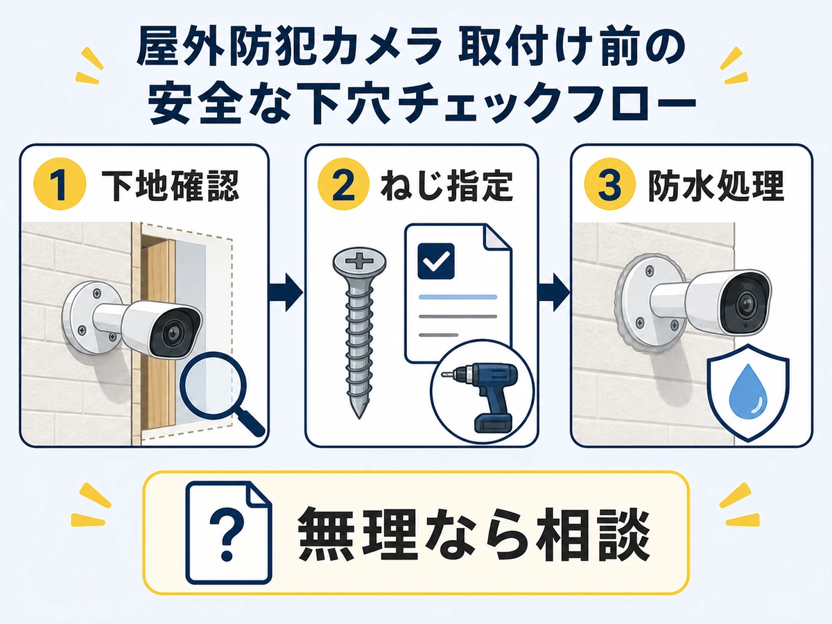 屋外防犯カメラを固定する前に下地確認、ねじ指定、防水処理を確認する流れ