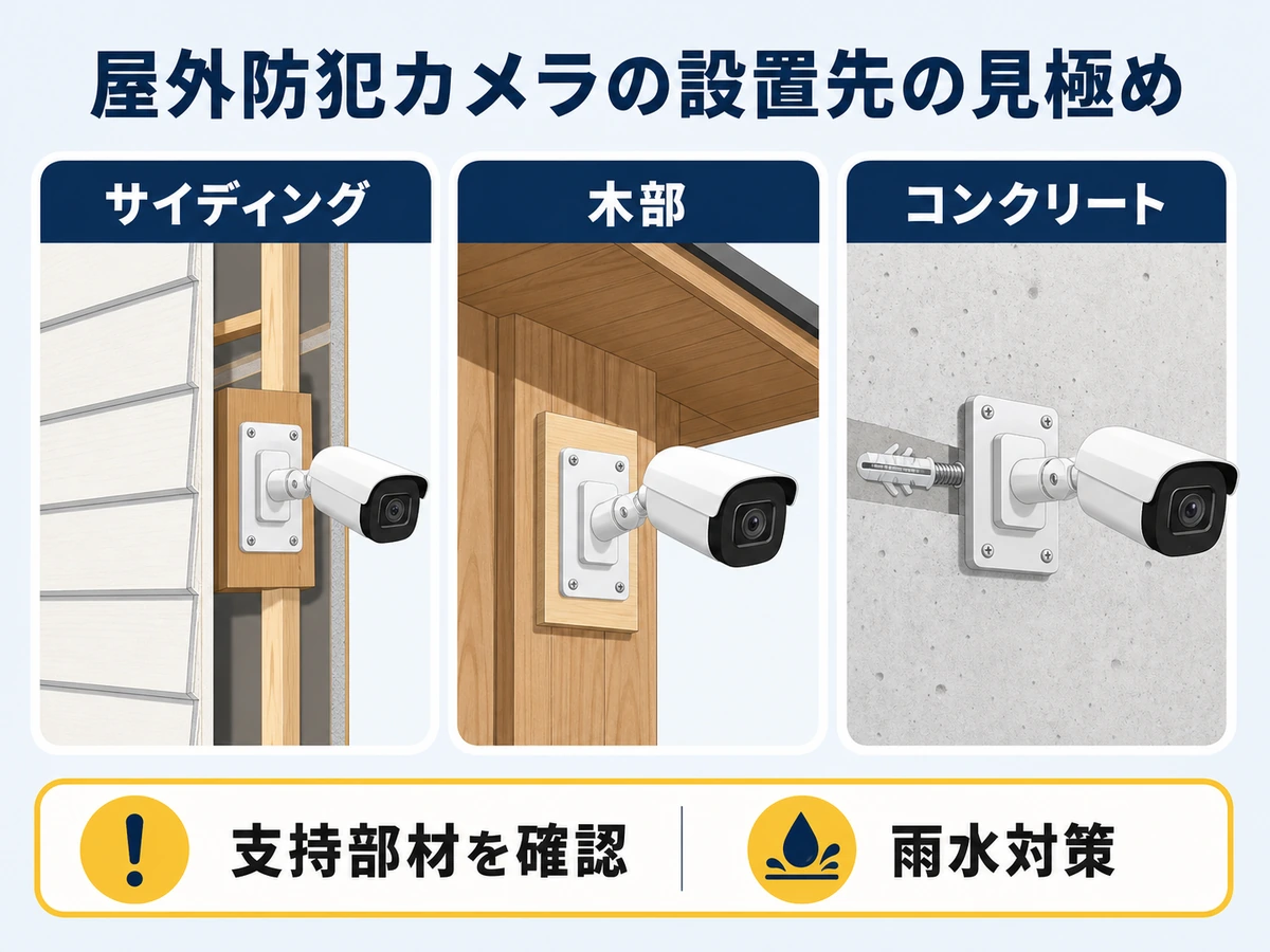 サイディング、木部、コンクリートの壁材別に支持部材と雨水対策を確認する図