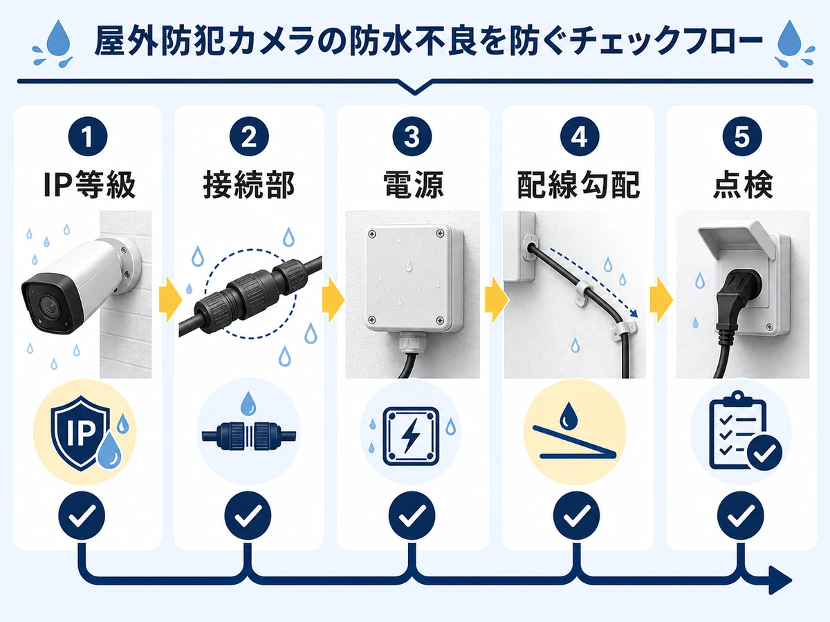 屋外防犯カメラの本体、接続部、電源、配線勾配、点検の確認順を示す図