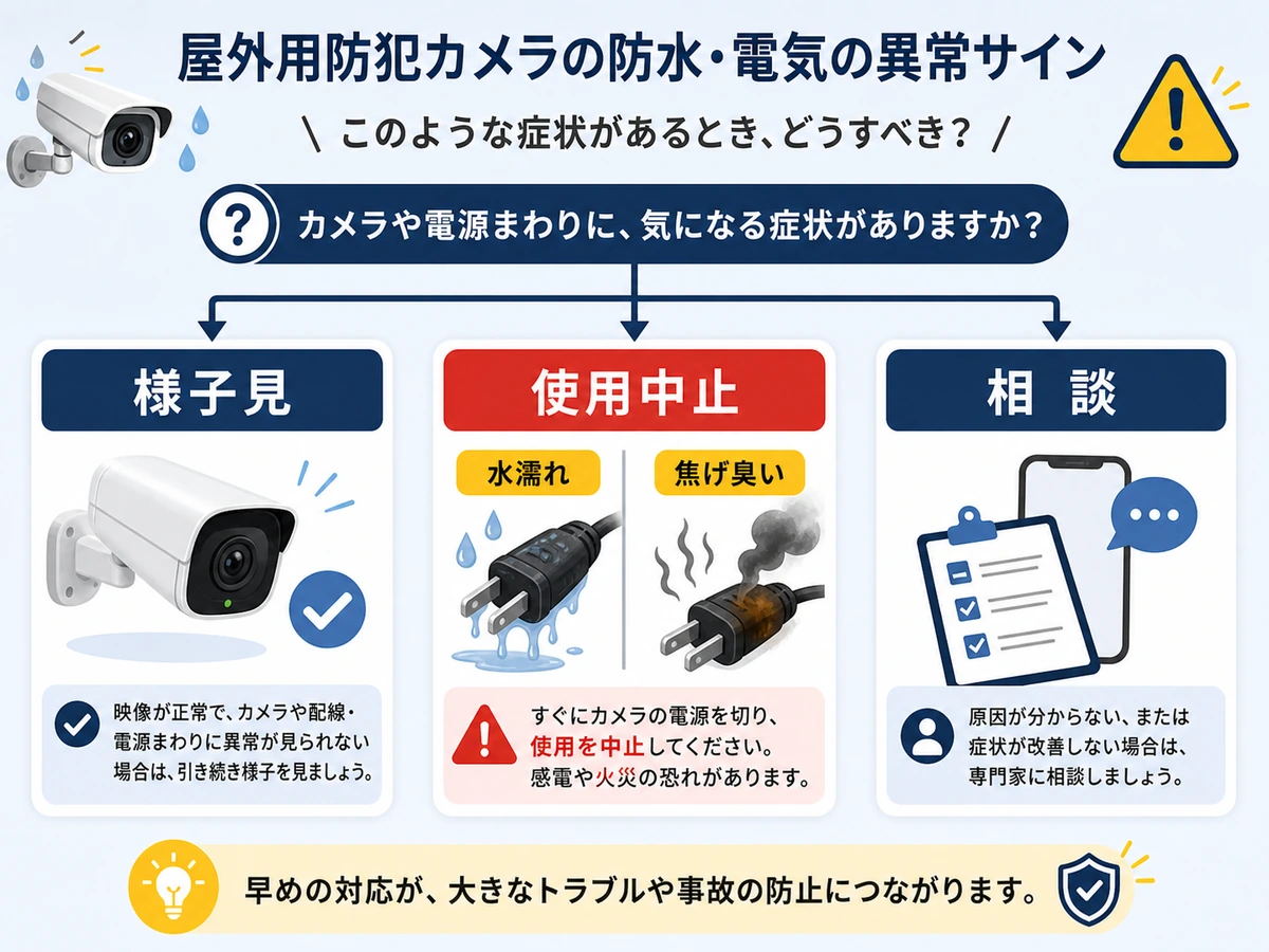屋外防犯カメラの様子見、使用中止、相談の判断境界を示す図