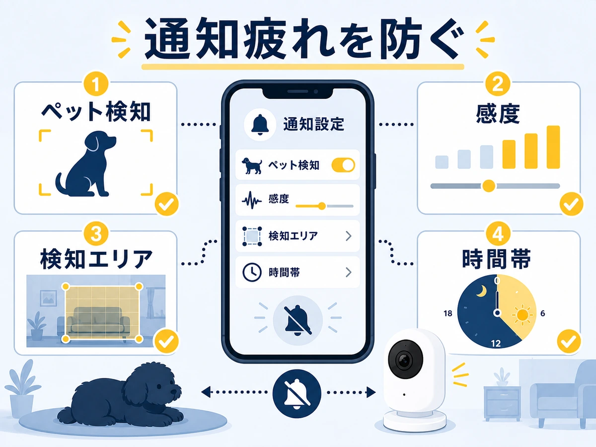 ペット見守りカメラの通知設定で確認する項目を示す図