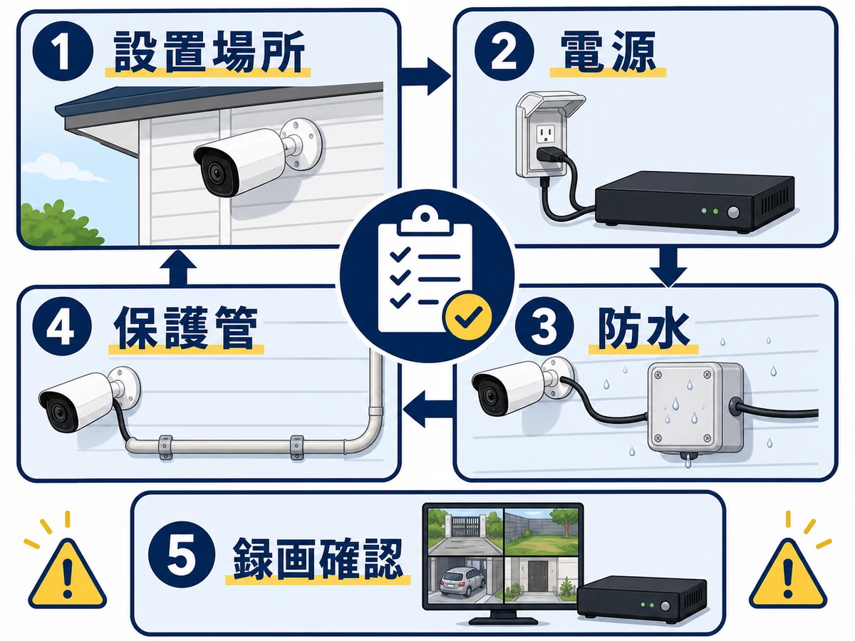 防犯カメラの安い工事で確認する設置場所・電源・防水・保護管・録画確認の流れ