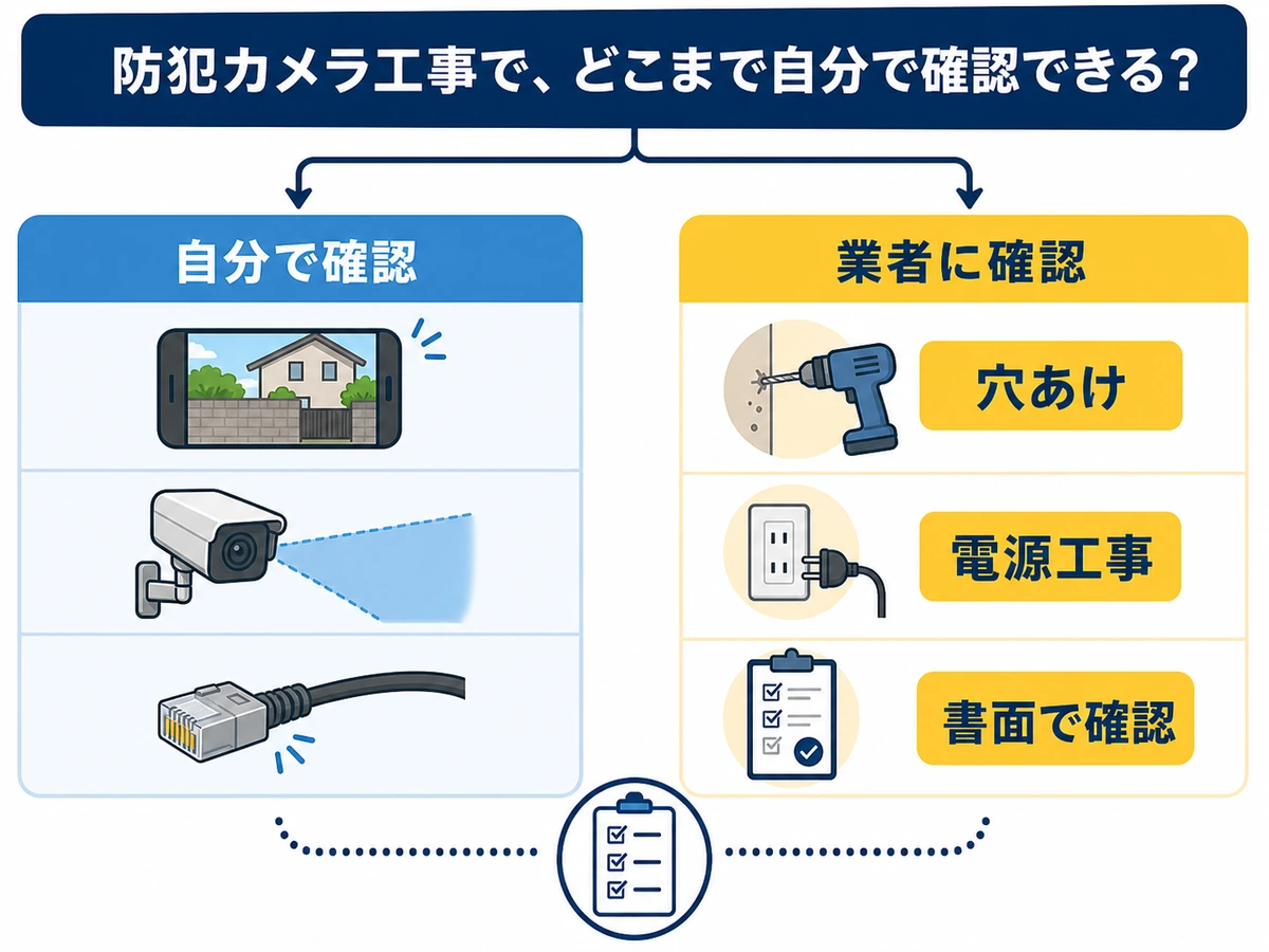 防犯カメラ工事で自分で確認する範囲と業者に確認する範囲を分ける図