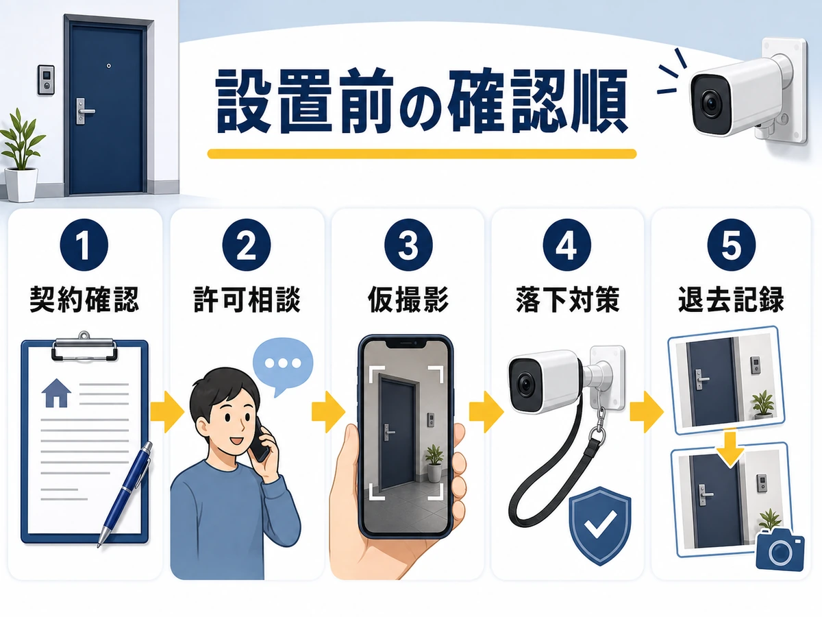 賃貸で防犯カメラを設置する前の確認順を示す図