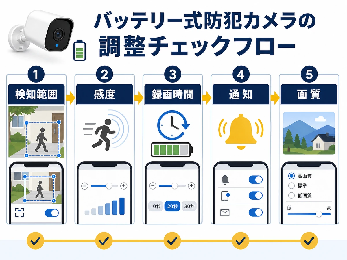 防犯カメラのバッテリーを長持ちさせる設定確認順の図