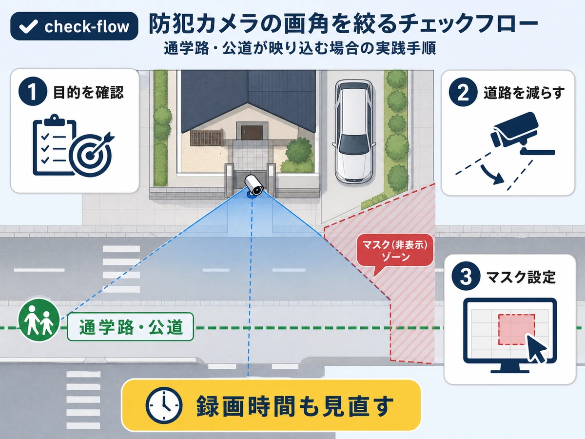通学路や道路の映り込みを減らす防犯カメラの画角確認フロー