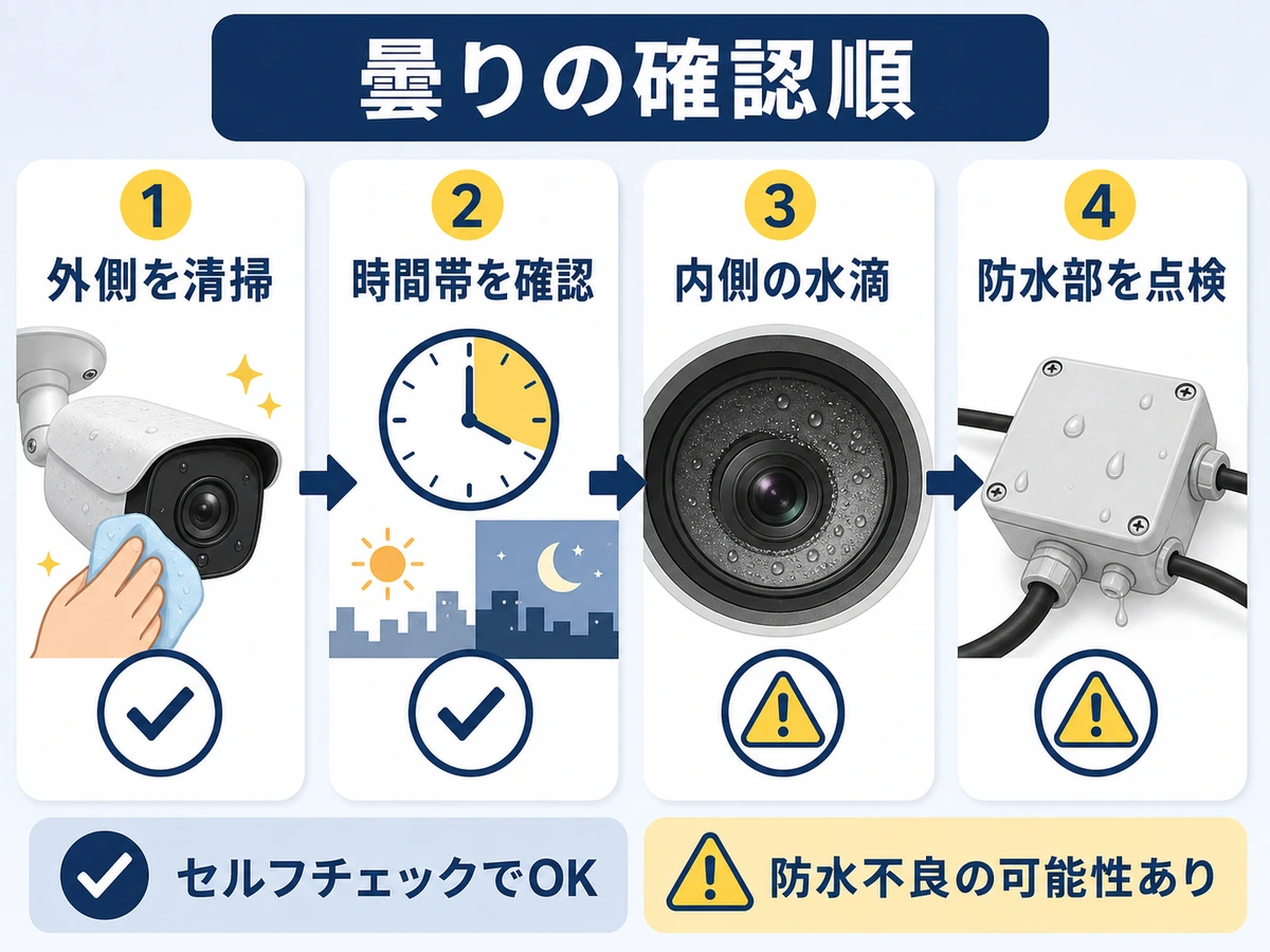防犯カメラの曇りを外側清掃から防水部点検まで順に確認する図解