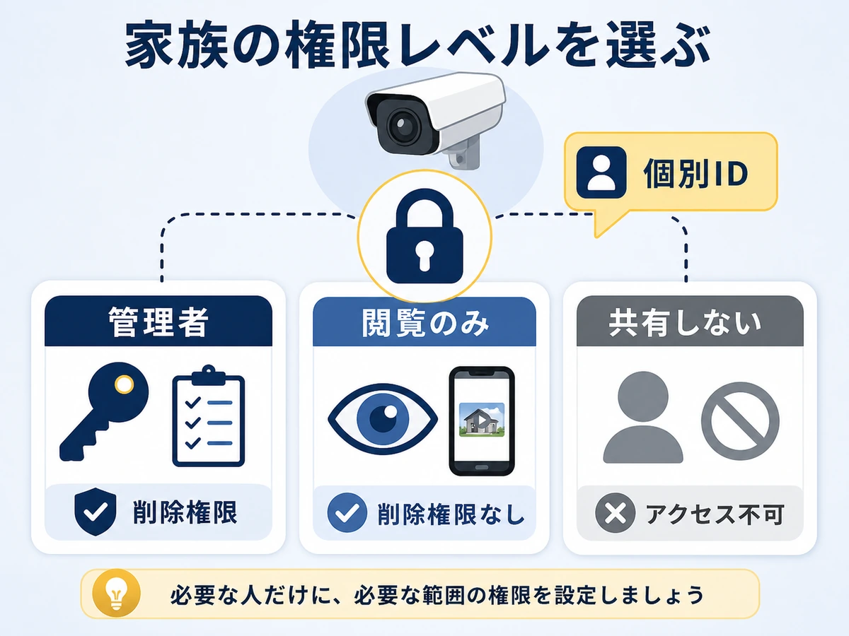 防犯カメラ映像の家族共有で管理者、閲覧のみ、共有しない権限レベルを選ぶ図解