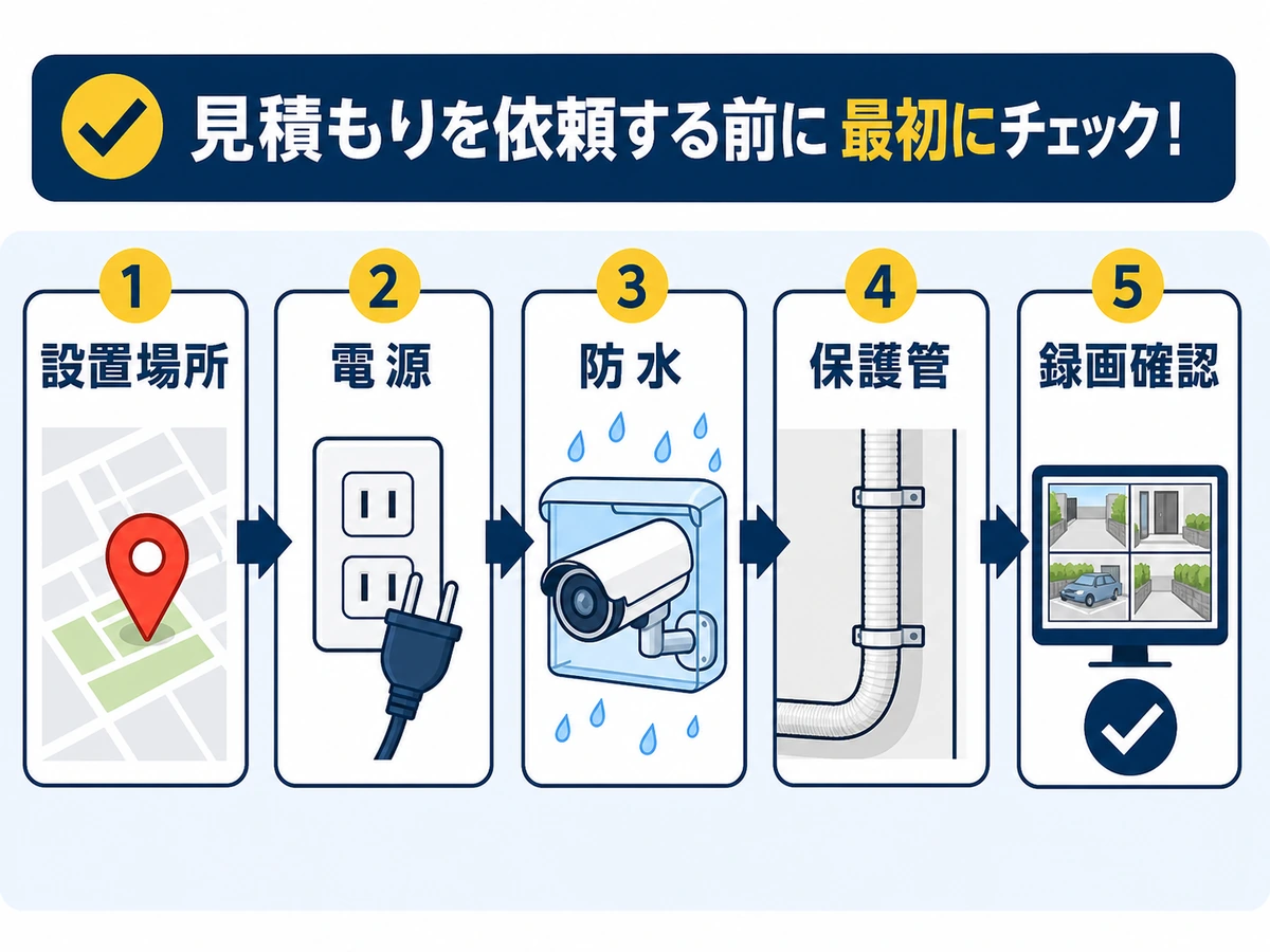 防犯カメラ見積もり前に確認する設置場所・電源・防水・保護管・録画確認の流れ