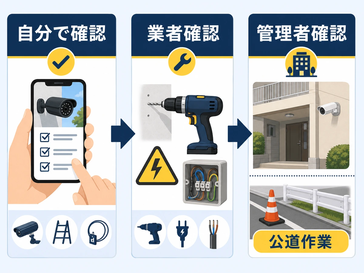 防犯カメラ工事で自分で確認する範囲と業者・管理者に確認する範囲