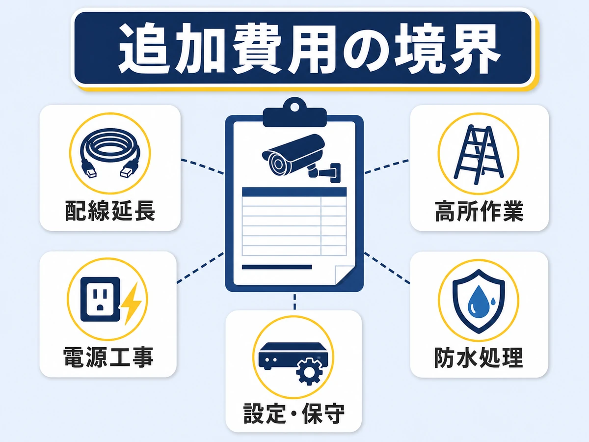 防犯カメラ設置見積もりで追加費用になりやすい配線延長、高所作業、電源工事、防水処理、設定保守の境界図
