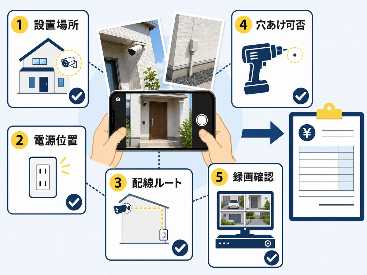 防犯カメラ設置見積もり前に写真で共有する設置場所、電源位置、配線ルート、穴あけ可否、録画確認の図